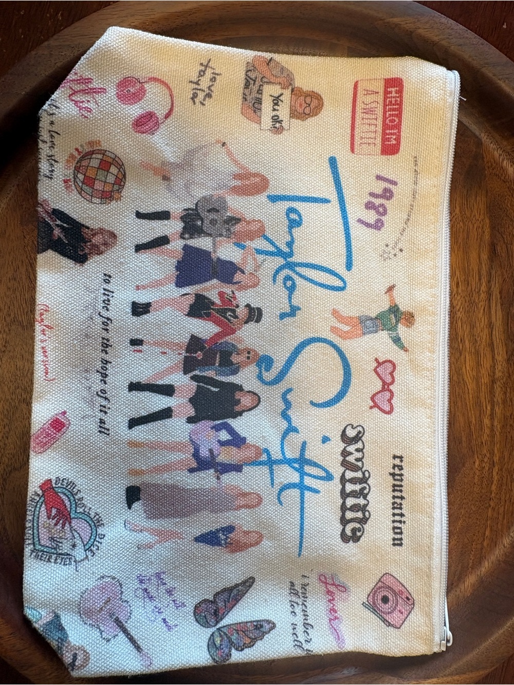 Taylor Swift Illustrated Canvas Zip Pouch - White with Multicolor Graphics